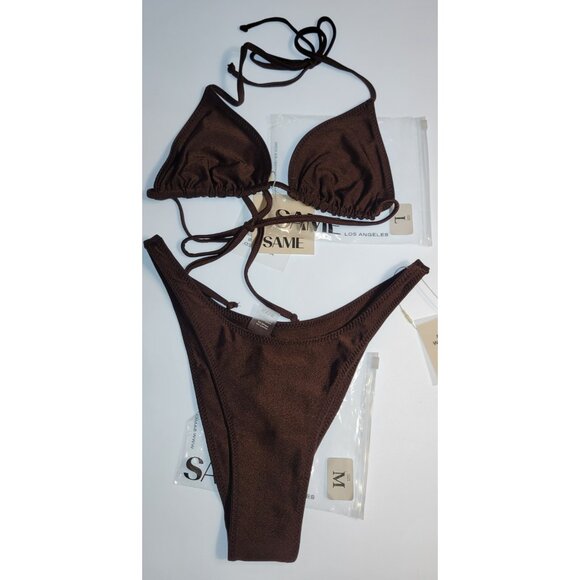 SAME Los Angeles Swim Bikini Set 2Pc Triangke Top L 90s Bottom Medium Brown SZ M - Picture 3 of 16